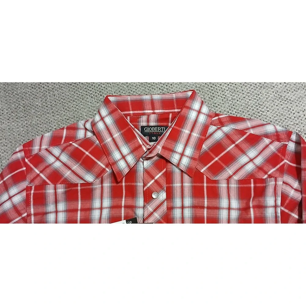 Gioberti Western Plaid Shirt Kids‎ Boys Red White Long Sleeve Snap Button Up NWT